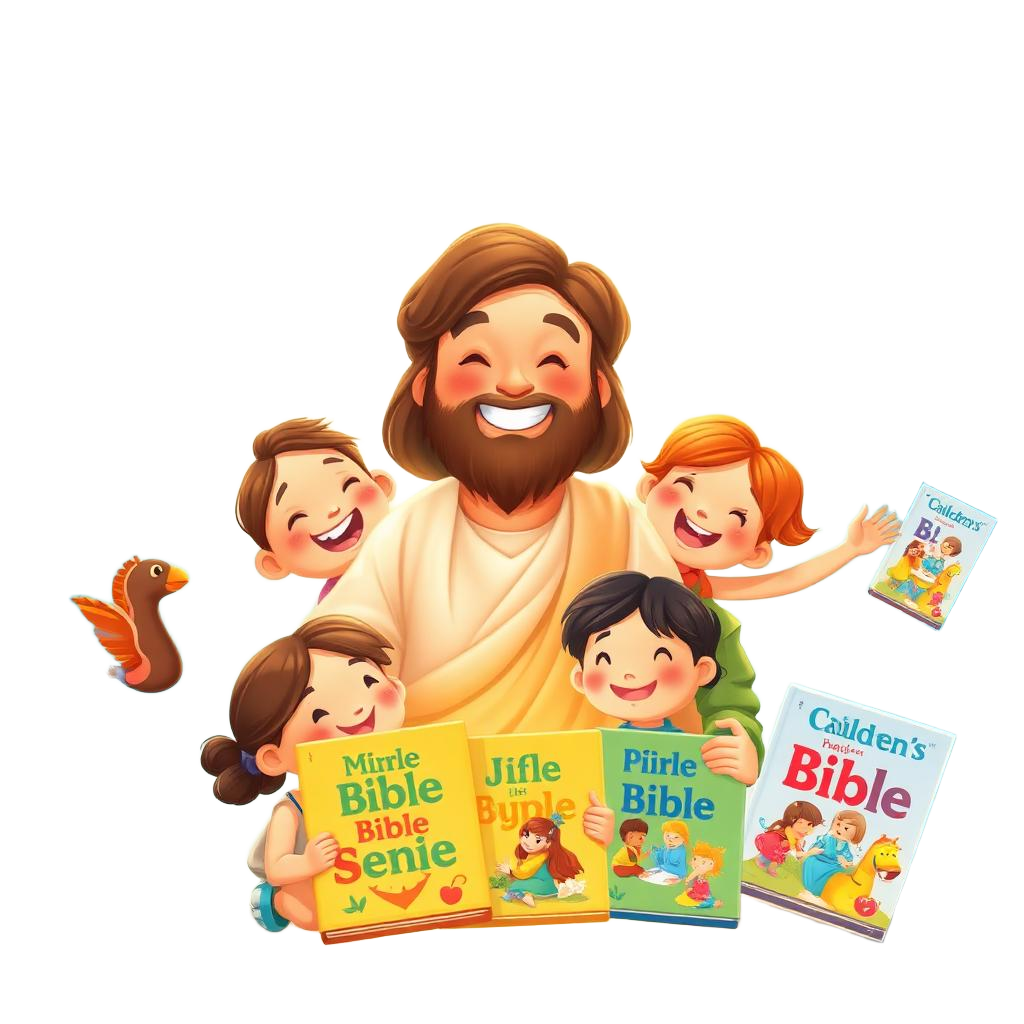 Ilustração de Jesus com crianças e livros bíblicos coloridos